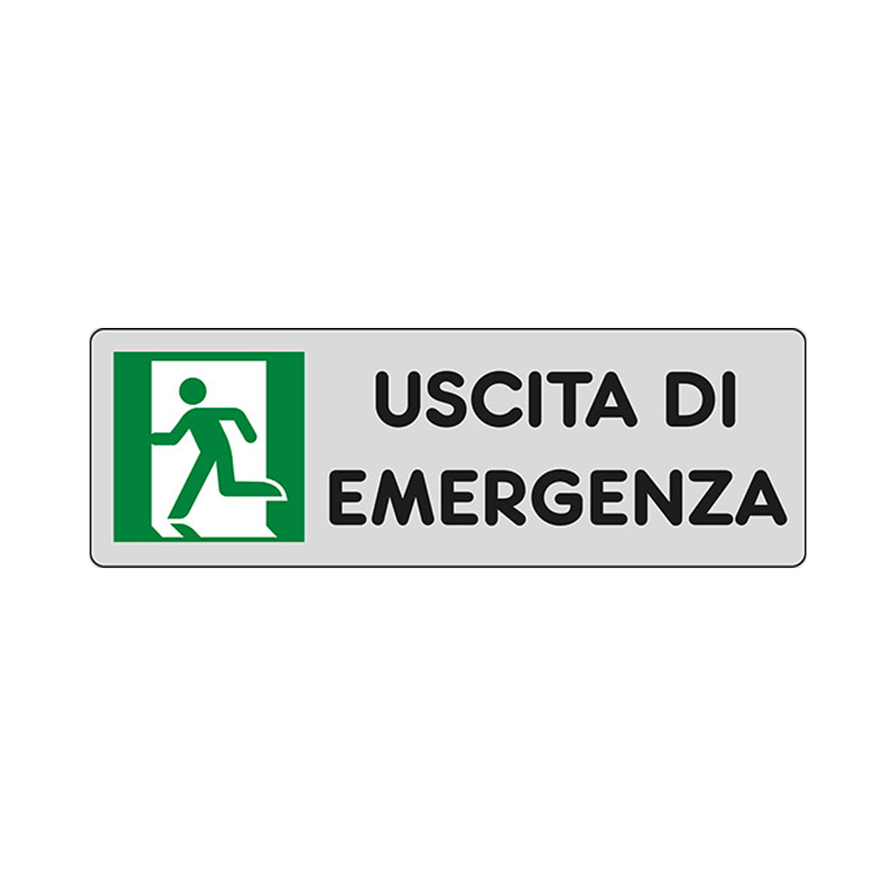 Cartello in carta autoadesiva 15x5 cm - uscita di emergenza a sinistra.