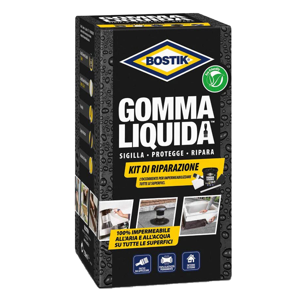 Kit di riparazione gomma liquida bostik - gomma, banda, spugnetta e spatola.