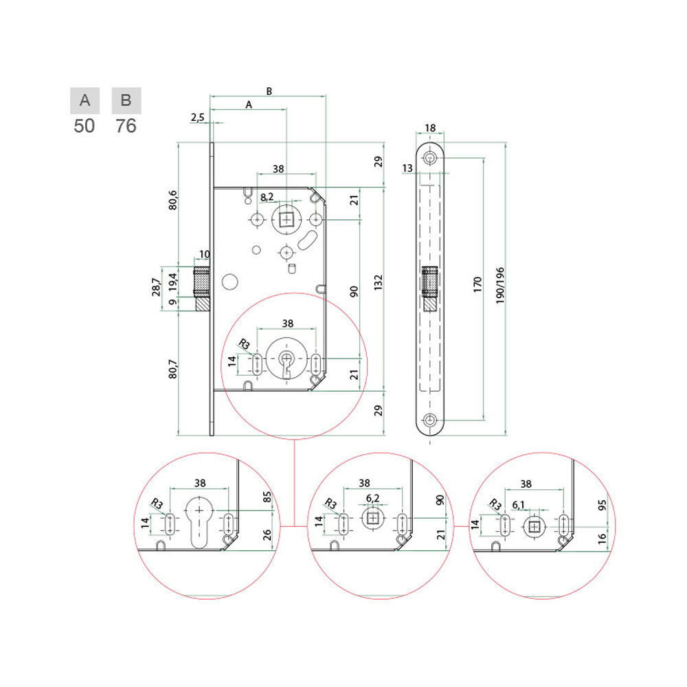 x5 Serratura Patent B-Split Cromato BONAITI 5 pz - Scrocco Centrale Reversibile