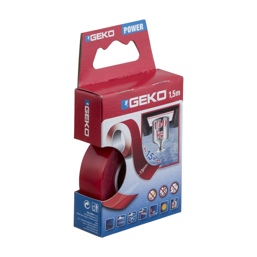 Nastro biadesivo extra forte 19 mm x 1,5 mt geko power - trasparente.