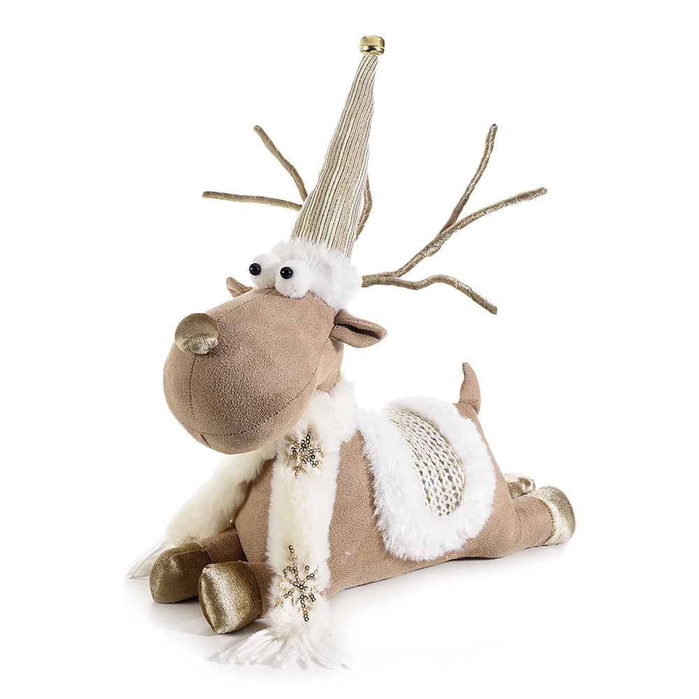 Peluche di renna sdraiata in stoffa con campanella fercolor - 32x11x36h cm.