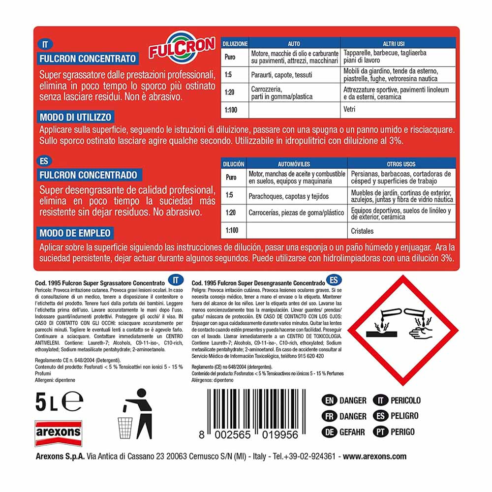 Super Sgrassatore Detergente Professionale Concentrato FULCRON 5 Lt