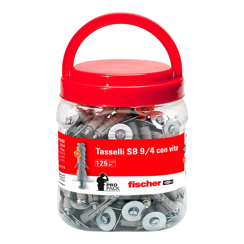 Tassello in nylon con vite sb 9 mm fischer - barattolo 125 pezzi.